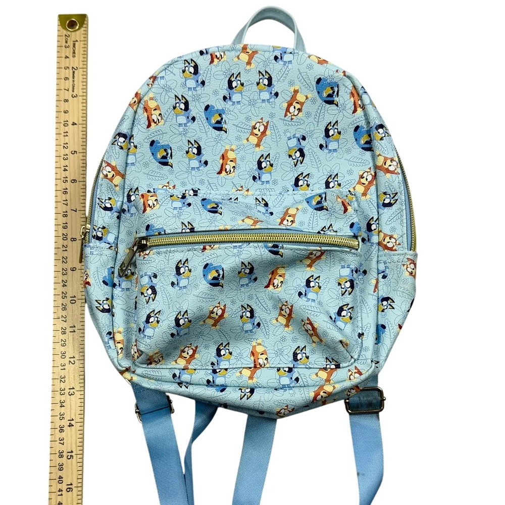 Bluey and Bingo All Over Print Mini Backpack Light Blue Gold Zipper Pocket
